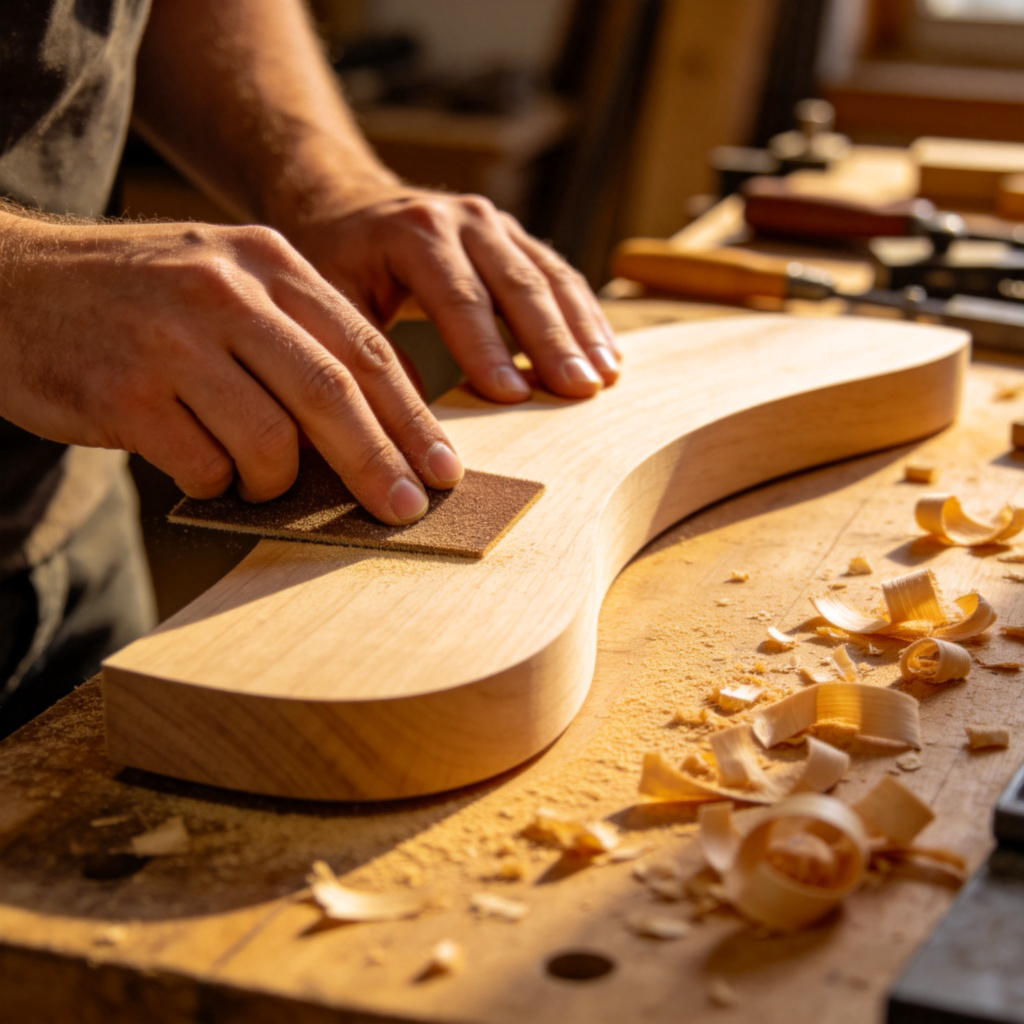 A close-up view of a person's hands carefully sanding a smooth, curved piece of wood on a workbench. Wood shavings are visible, showing the process of refining the surface to a flawless finish. Focus on the hands and the wood, with tools in the background. Natural workshop lighting. No text.