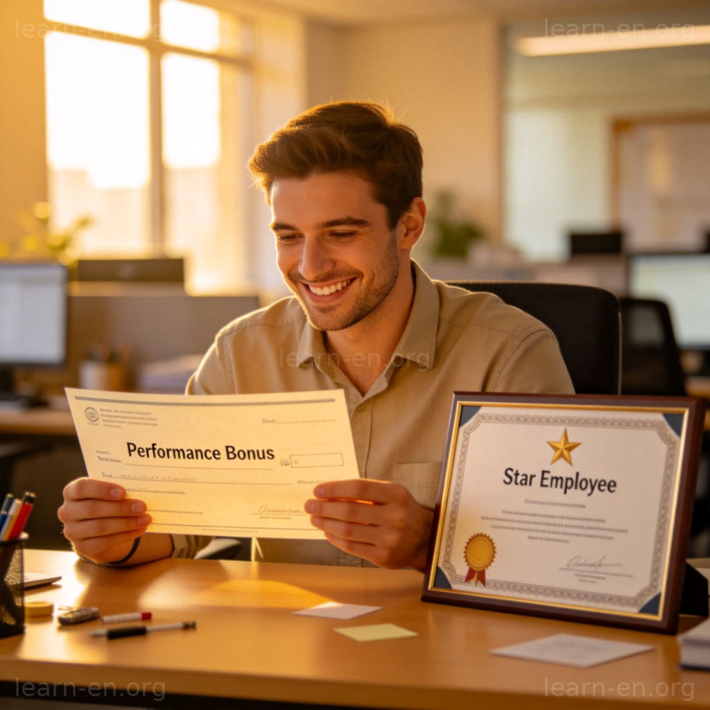 绩效奖金图解：员工在办公桌前查看标有绩效奖金的支票，旁边有优秀员工证书