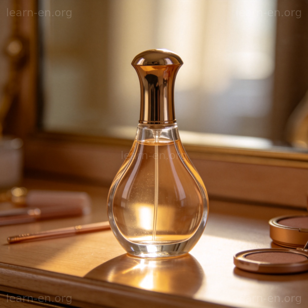 Perfume 香水图解：置于梳妆台上的优雅玻璃香水瓶