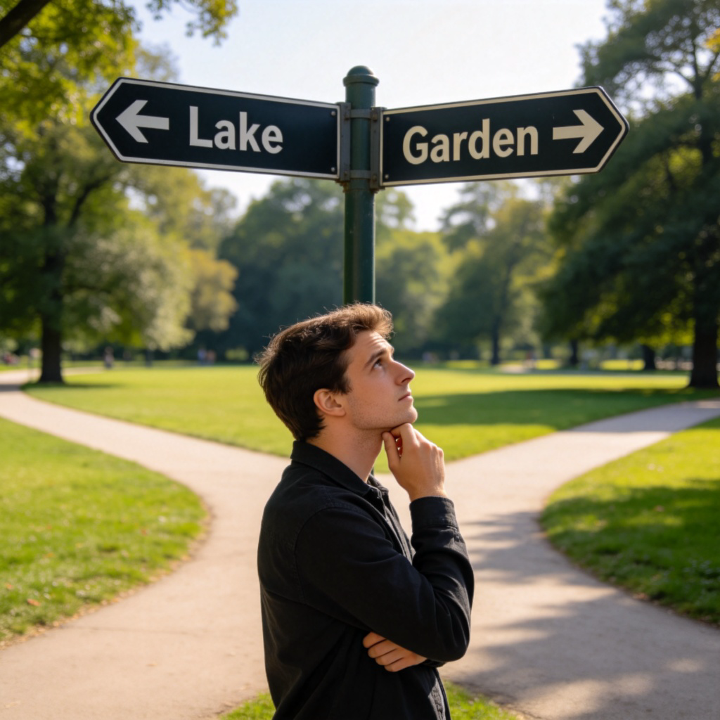 A person stands at a fork in a park path, looking at two different signs (one pointing to a lake, one to a garden). They have a thoughtful expression, hand on chin, showing hesitation about which way to go. Clear daylight, simple background focusing on the person and the signs.