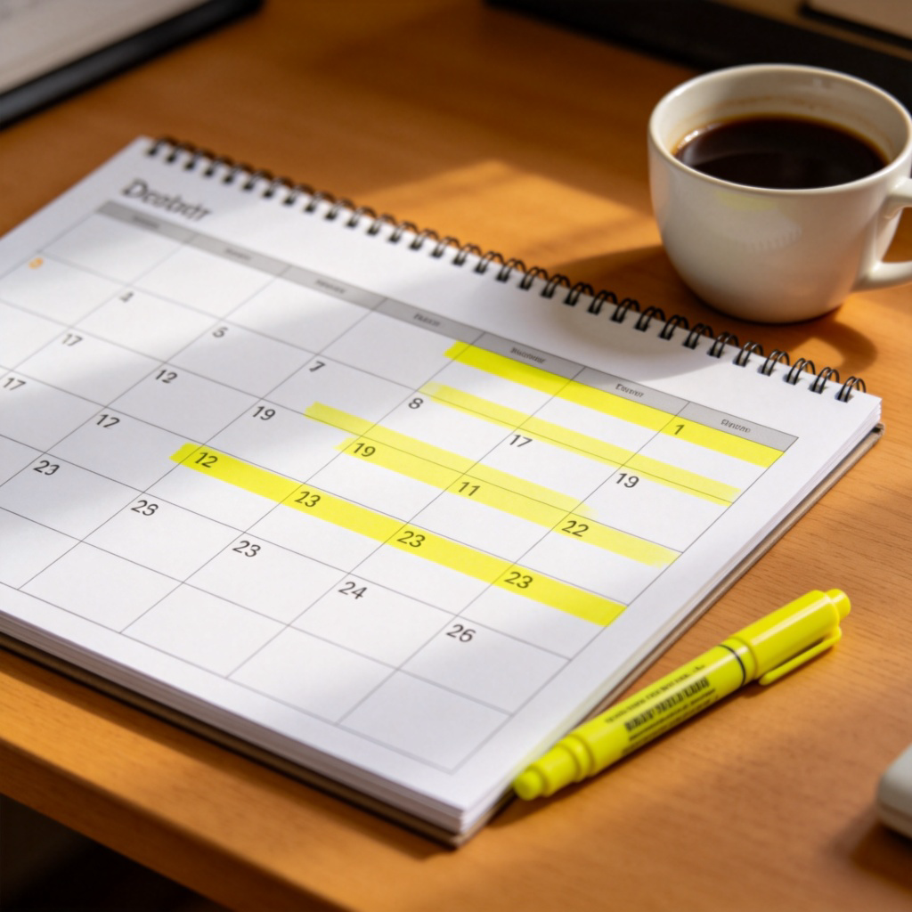 A wall calendar open to a specific month. Three consecutive weeks are clearly highlighted with a bright yellow marker, emphasizing a block of time. The rest of the calendar is out of focus. Simple desk setting with a cup of coffee. Natural light, realistic style.