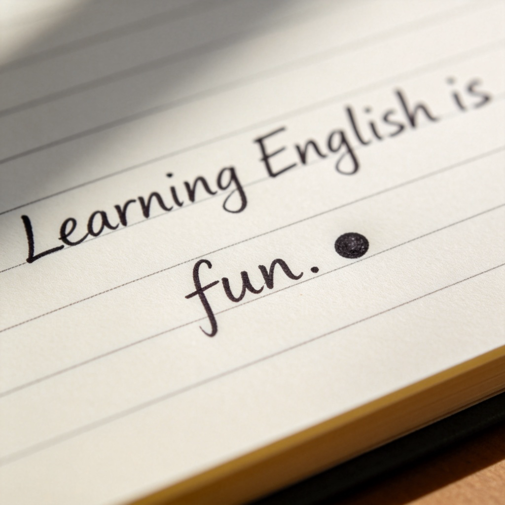 A close-up shot of a handwritten English sentence on a piece of lined paper. The sentence reads "Learning English is fun." The focus is sharp on the final word "fun." and specifically on the large, dark, and clear period (.) that follows it. The background is softly blurred. Daylight, realistic texture.