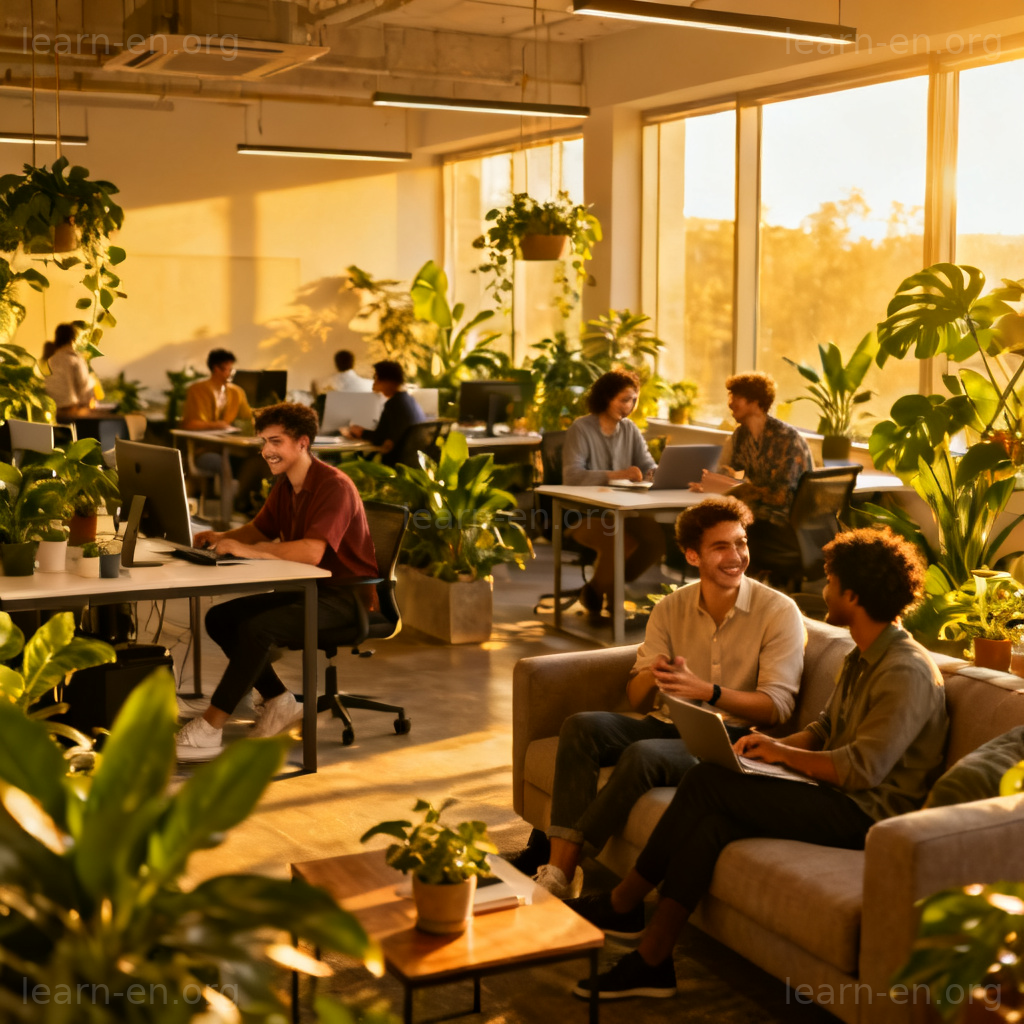 Permeate meaning shown as positive atmosphere spreading through a collaborative workspace.