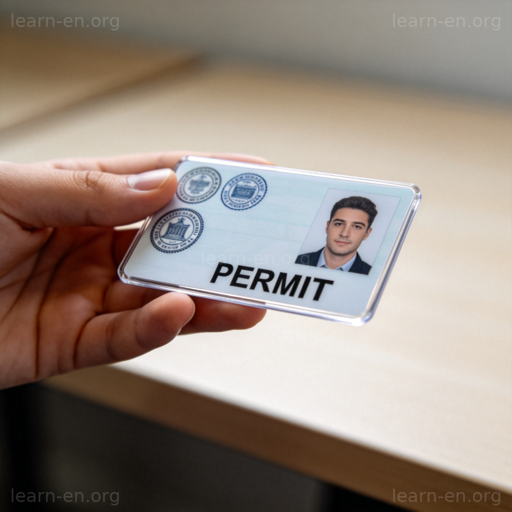 Permit 名词图解：手持官方驾驶许可证或停车证的特写
