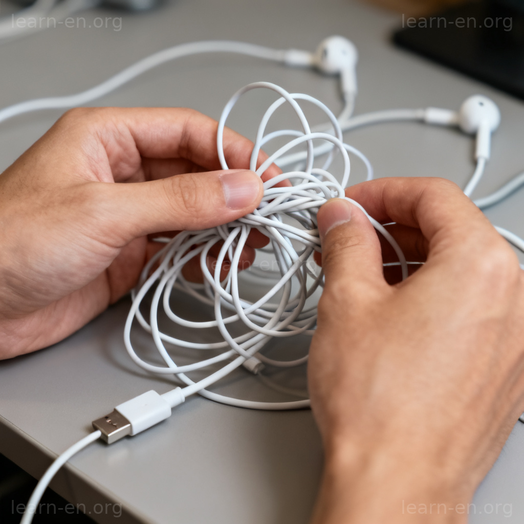 Hands perplexed by tangled headphone cables