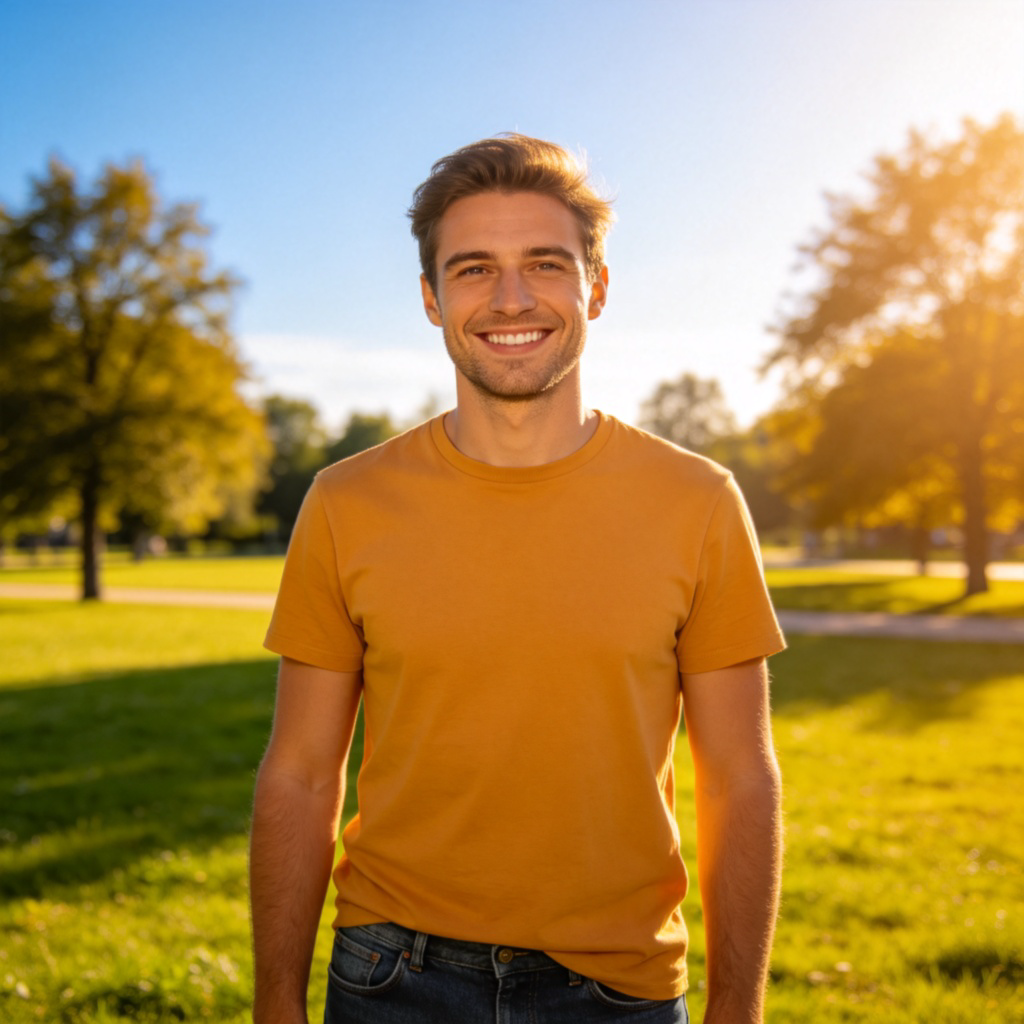 A cheerful adult person standing in a sunny park, smiling directly at the camera. They are wearing casual, modern clothing like a t-shirt and jeans. The background shows green grass, a few trees, and a clear blue sky to keep the focus on the person. The image is a realistic photograph with natural lighting, emphasizing the person's friendly and approachable expression. No text or logos are visible.