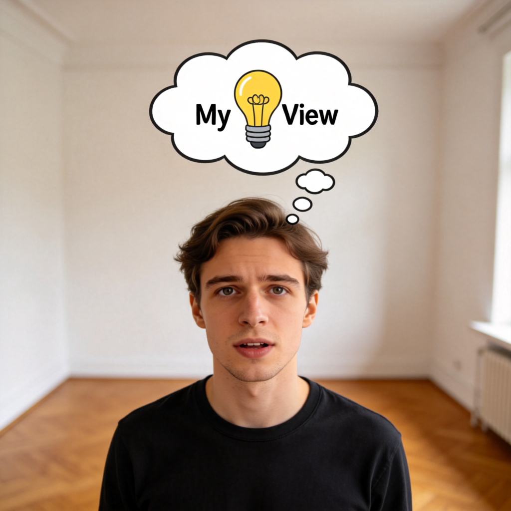 A person speaking confidently towards the camera, with a thinking bubble above their head containing a lightbulb and the words "My View". They are in a simple room, and their expression is earnest and direct. The focus is on the person and the thought bubble. No text on the image itself.