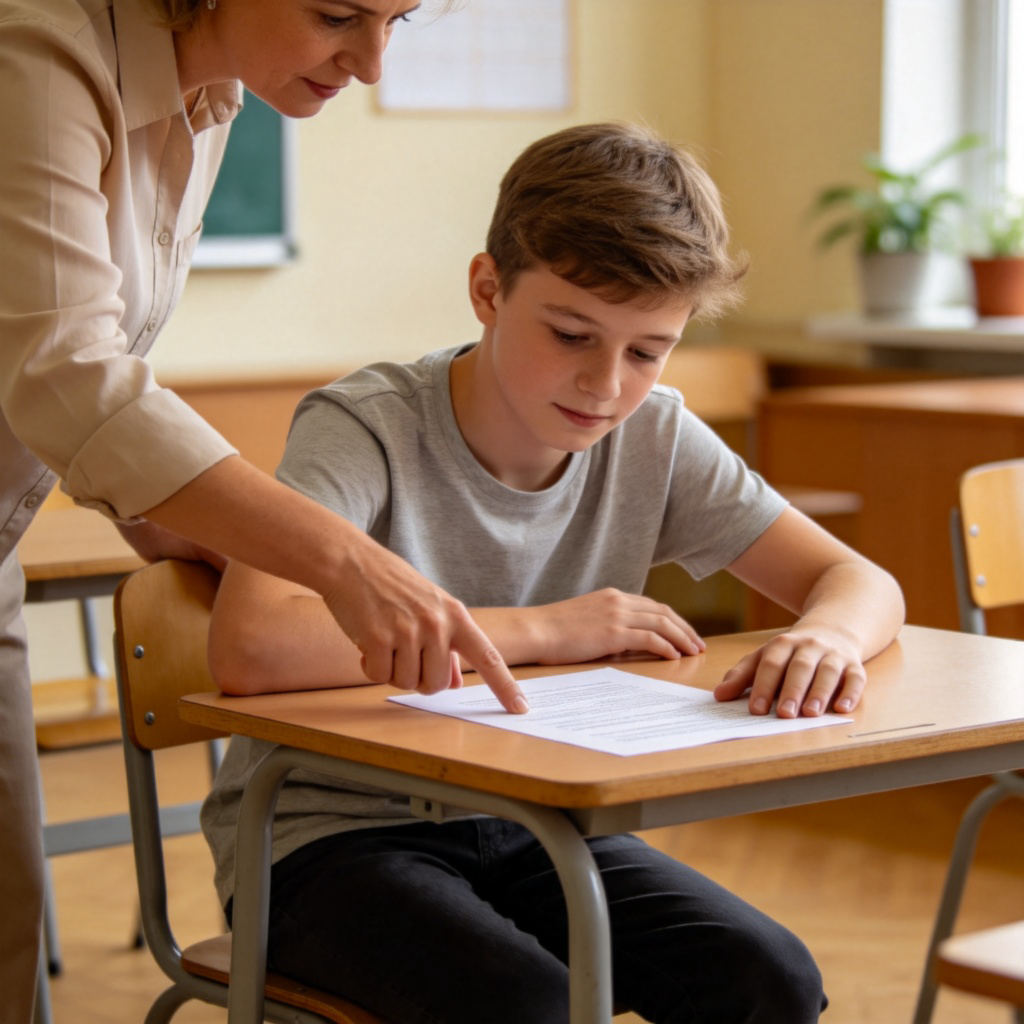 A student listening to a teacher pointing at a paper (an essay). The student looks thoughtful and receptive, not upset or angry. The atmosphere is calm and educational. The focus is on the interaction between the student and the teacher over the paper. No text.