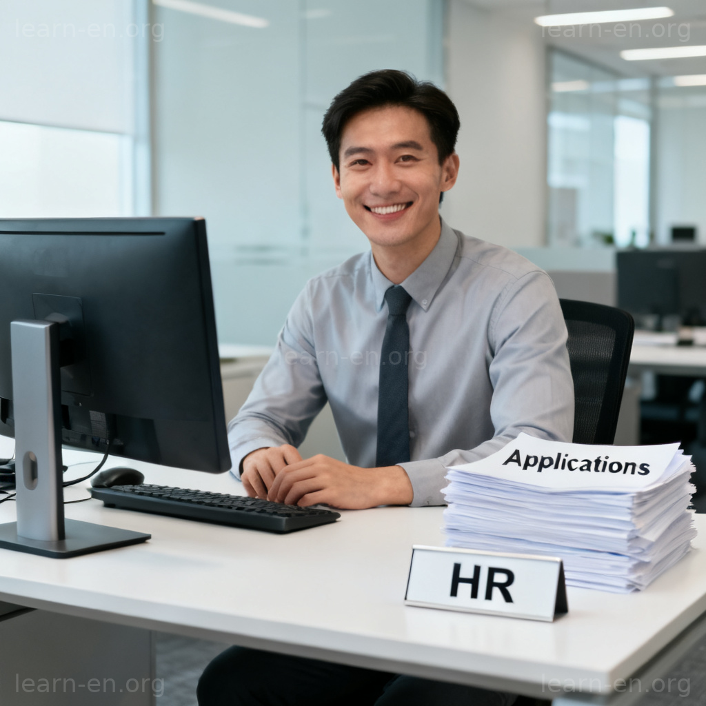HR personnel at desk with applications and name plate