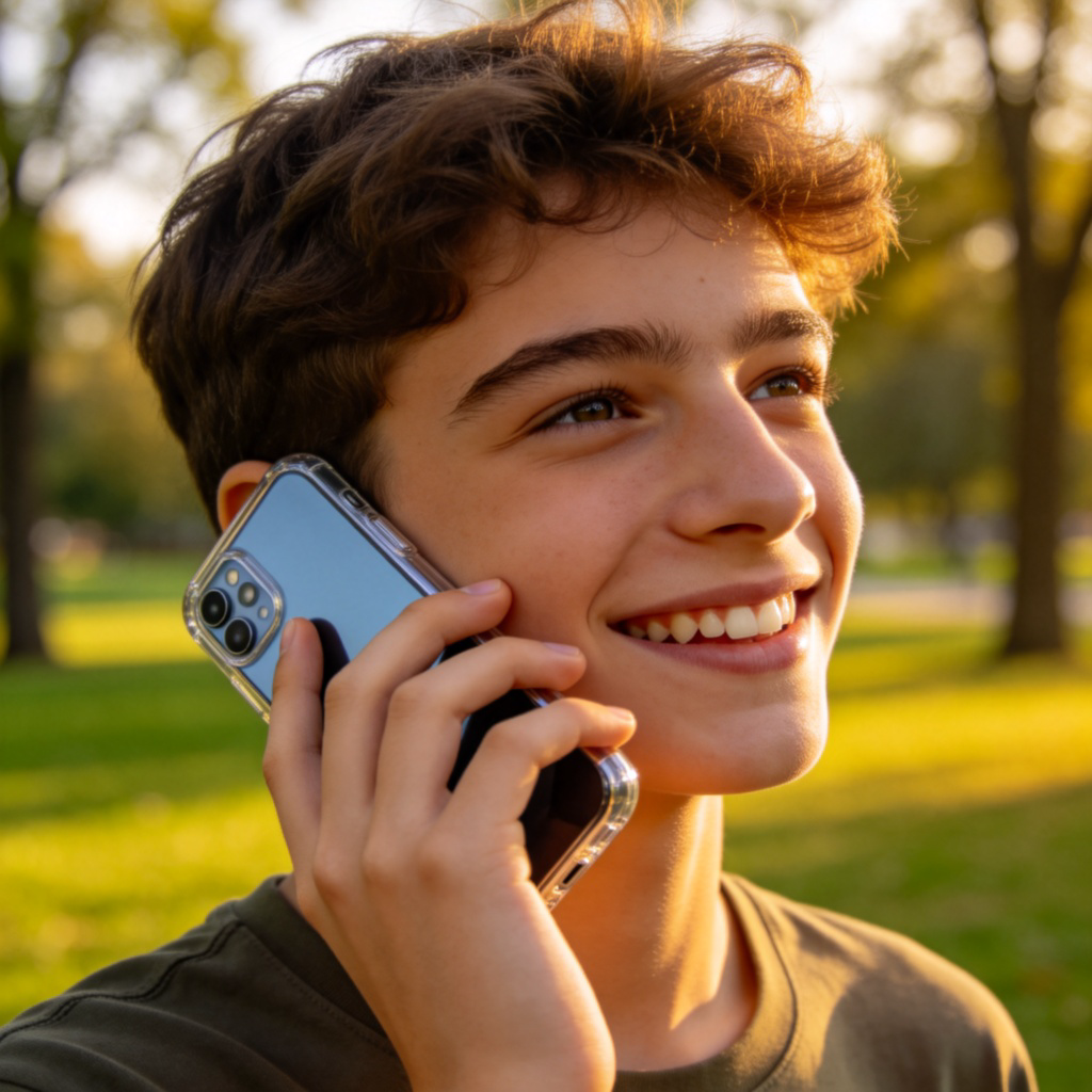 A young person smiling, holding a modern smartphone up to their ear as if talking to someone. The person is in a bright, everyday setting like a park or a cozy room. The smartphone is the clear focus, held naturally in hand. No text or logos on the screen, just a solid color. Photorealistic style, warm lighting.
