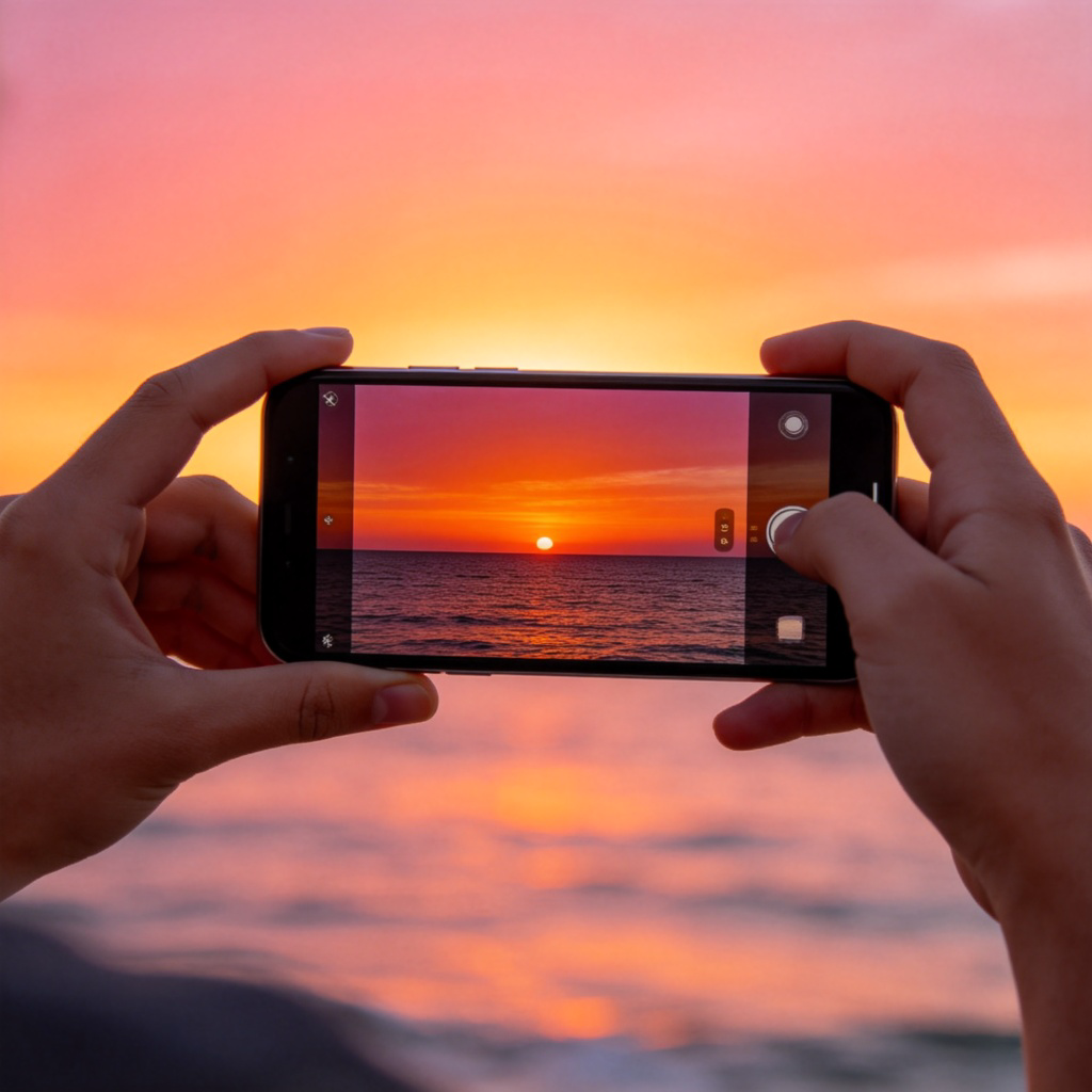A person holding up a modern smartphone, using it to take a picture of a vibrant orange and pink sunset over a calm ocean. The phone screen clearly shows the live view of the sunset scene. Focus on the person's hands and the phone. Bright, natural lighting. No text or logos in the image.