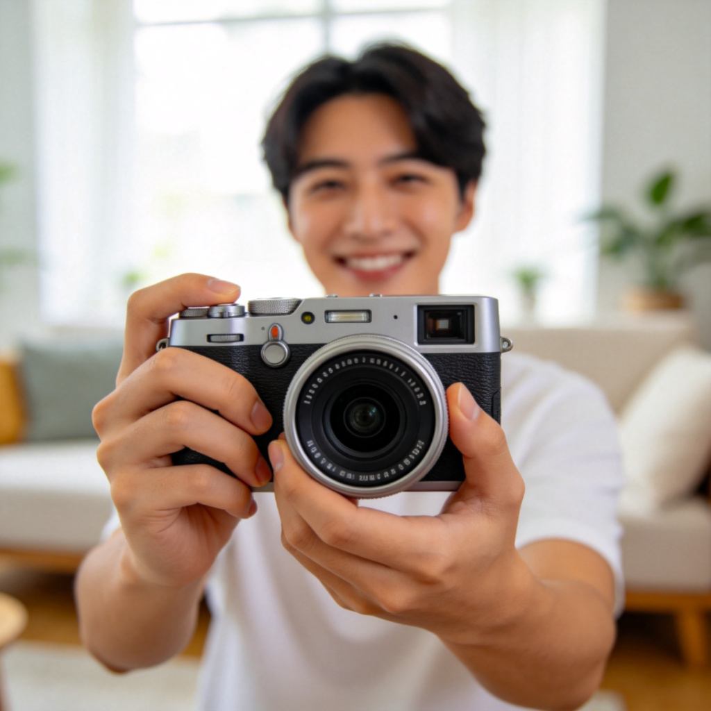 A person's hands holding a modern digital camera, pointing it forward as if ready to take a picture. The camera's lens is clearly visible. In the background, slightly out of focus, another person is smiling naturally. The scene is set in a bright living room during the day. No text, logos, or numbers.