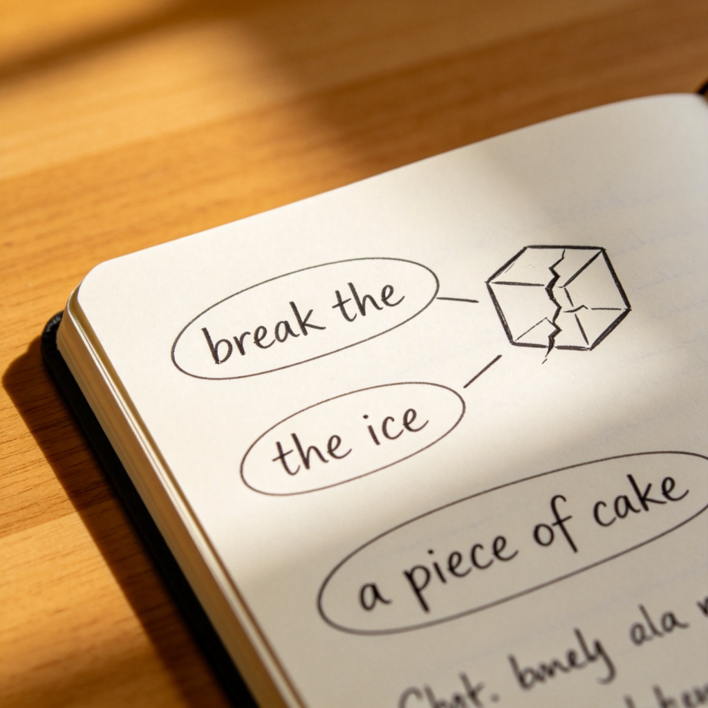 A close-up view of a handwritten page in a notebook. Several groups of words are neatly circled, such as 'break the ice' or 'a piece of cake'. Next to one circled phrase, there is a simple drawing of an ice cube cracking, visually linking the words to their meaning. The background is a plain wooden desk. No text beyond the handwritten words.