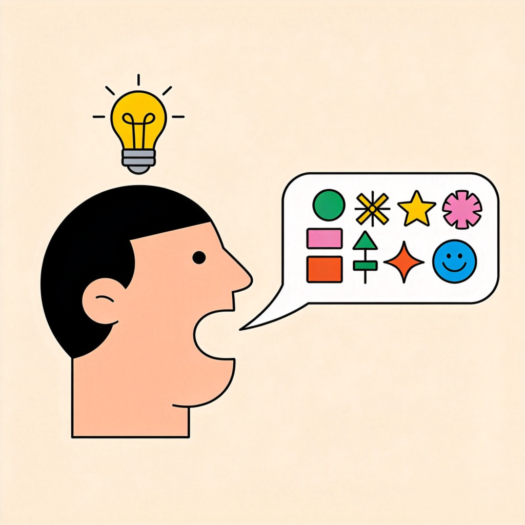 A person with a lightbulb icon above their head is speaking, shown in a simple cartoon style. A speech bubble comes from their mouth, but instead of standard words, the bubble contains a colorful, creative arrangement of symbols and simple shapes representing an original way of saying something. The background is neutral. No text.
