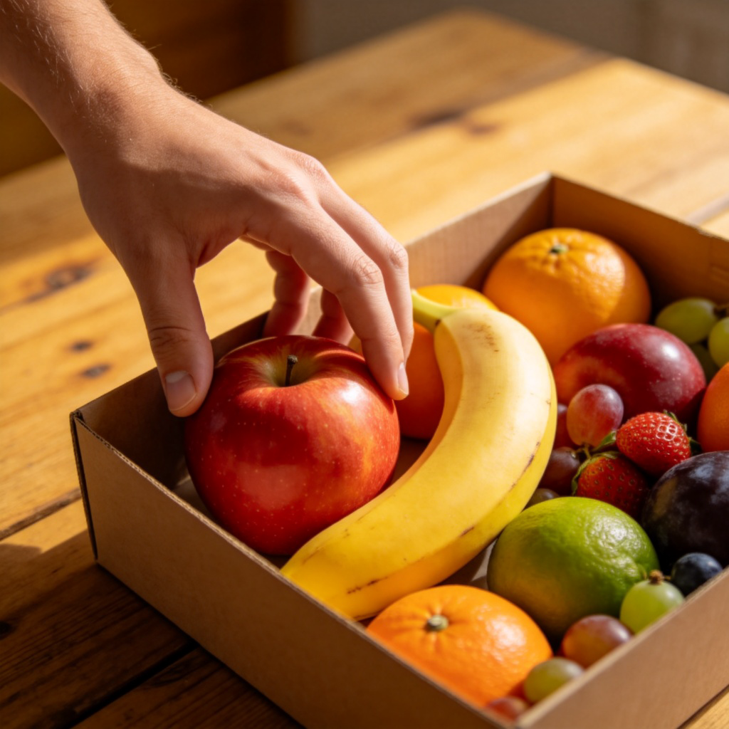 A person's hand reaching into a box of colorful assorted fruits, fingers hesitating between a red apple and a yellow banana. The fruits are fresh and vibrant on a wooden table. Focus on the hand and the two fruits, with a soft, natural light. No text or logos.