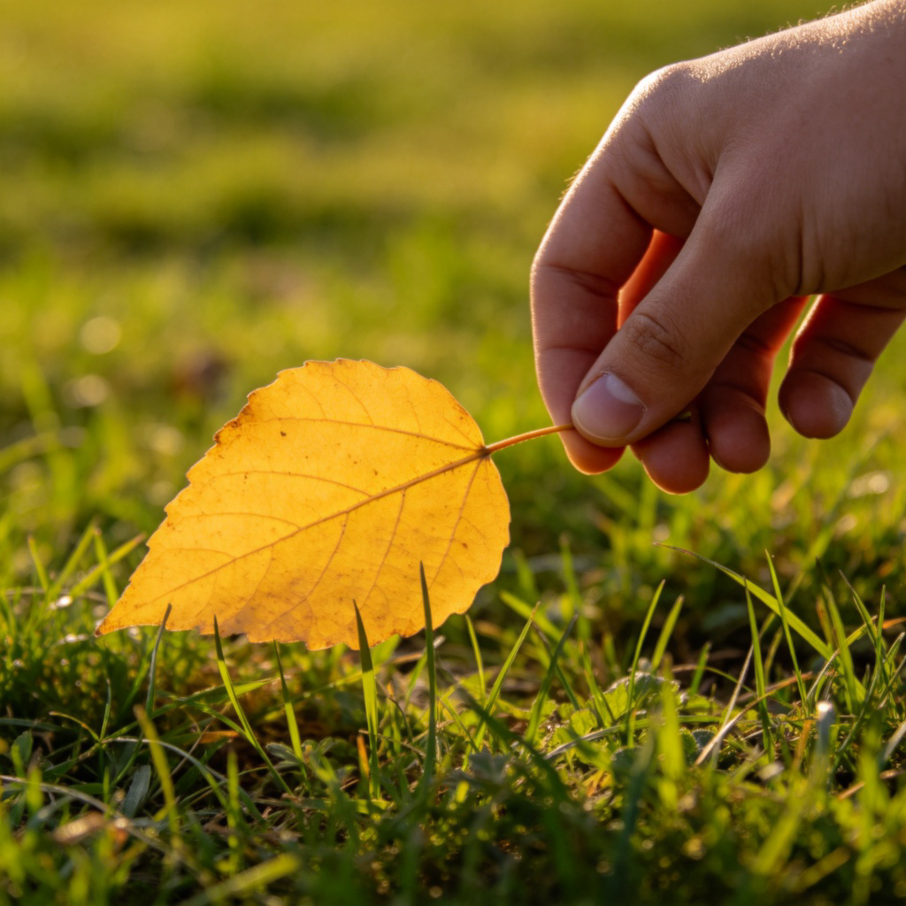 Close-up side view of a person's hand picking up a single, fallen yellow leaf from a green grassy ground. The action is clear, with fingers gently pinching the stem of the leaf. Daylight, shallow depth of field to blur the background. No text.