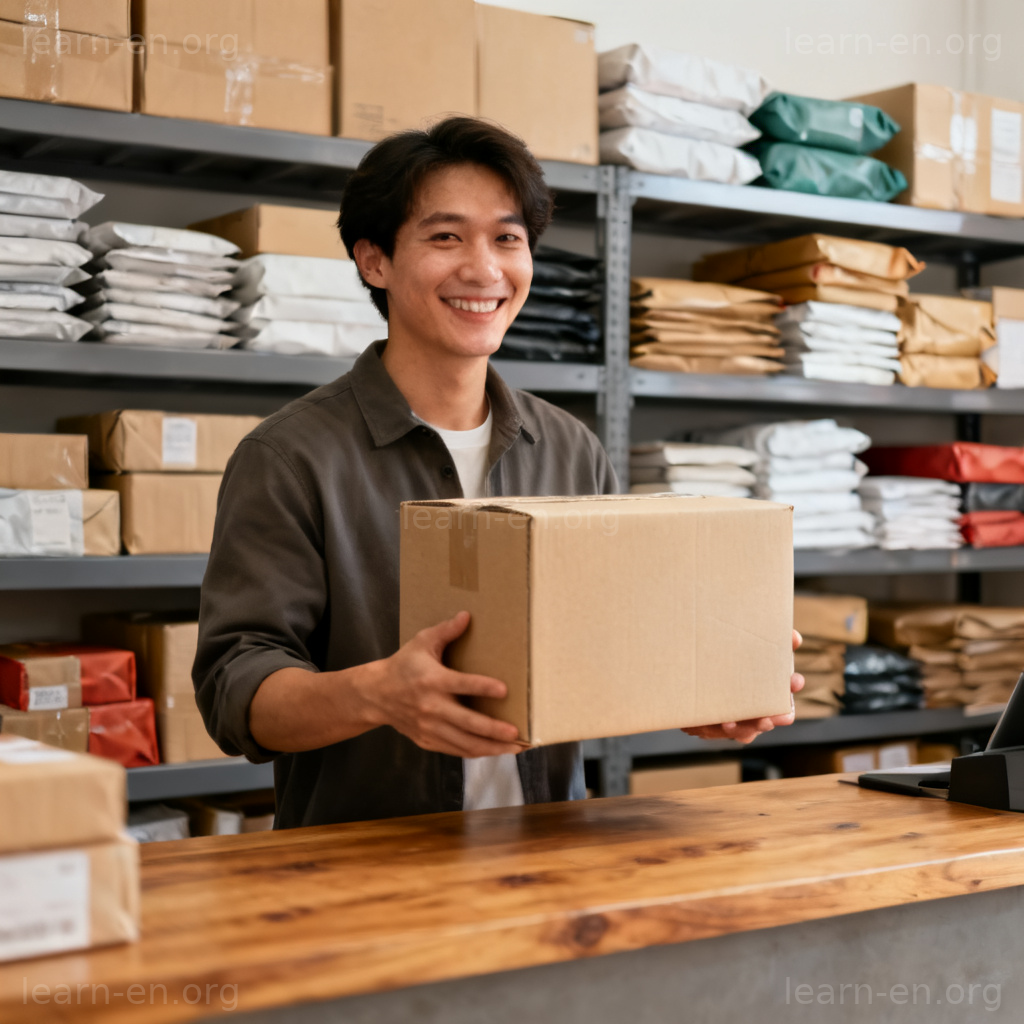 Person picking up a parcel at a delivery counter with boxes