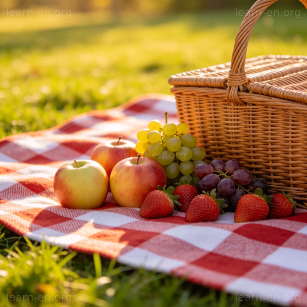 Red checkered picnic blanket on grass with basket and fruit