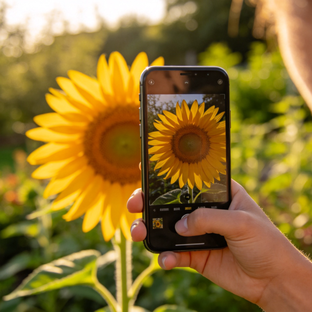 A person holding a smartphone, taking a picture of a bright yellow sunflower in a sunny garden. The screen of the phone shows a clear, focused image of the flower. The background is blurred greenery. No text or logos.