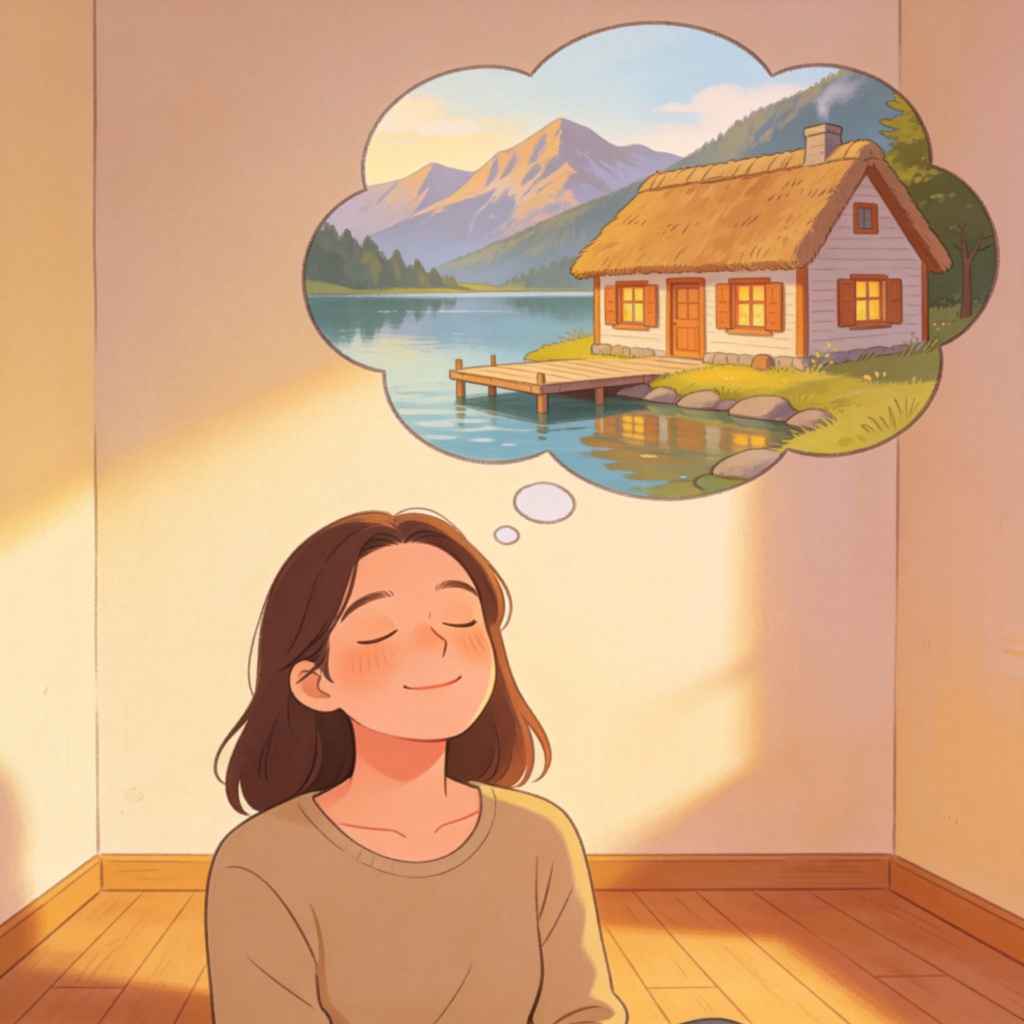 A person sitting comfortably with eyes closed, a peaceful smile on their face. Above their head, in a thought bubble, is a vivid image of a cozy cottage by a mountain lake, showing the act of imagining. The room is simple and calm. No text.