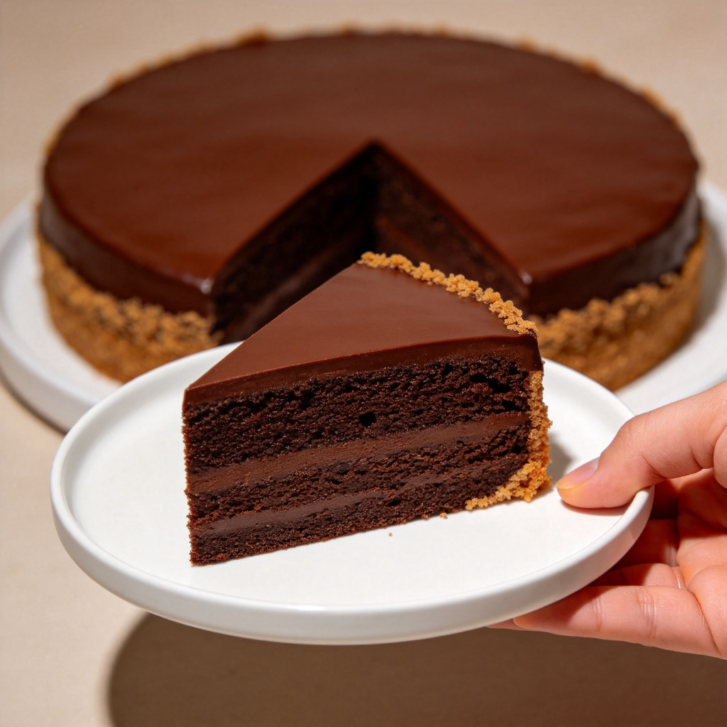 A close-up photo of a person's hand holding a single, perfect triangular slice of chocolate cake on a white plate. The rest of the round cake is visible in the background. Soft, inviting lighting. No text.