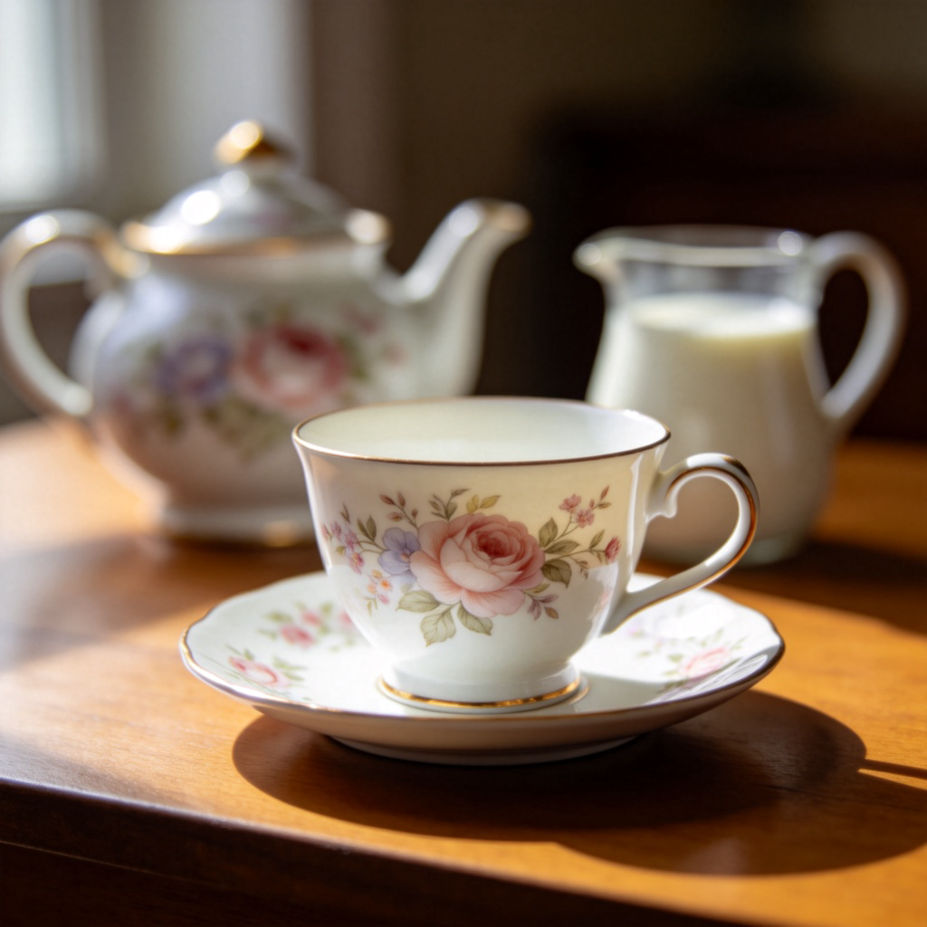 A single elegant, floral-patterned teacup and saucer placed on a wooden table. The rest of the matching tea set (teapot, milk jug) is blurred in the background, highlighting the single "piece". Natural light from a window. No text.