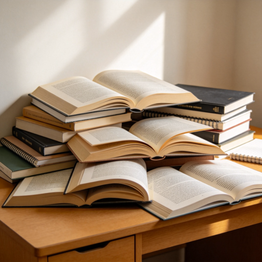 A messy pile of textbooks and notebooks on a wooden desk. The books are stacked haphazardly, some open, some closed. Soft daylight from a window, clean background. No text.