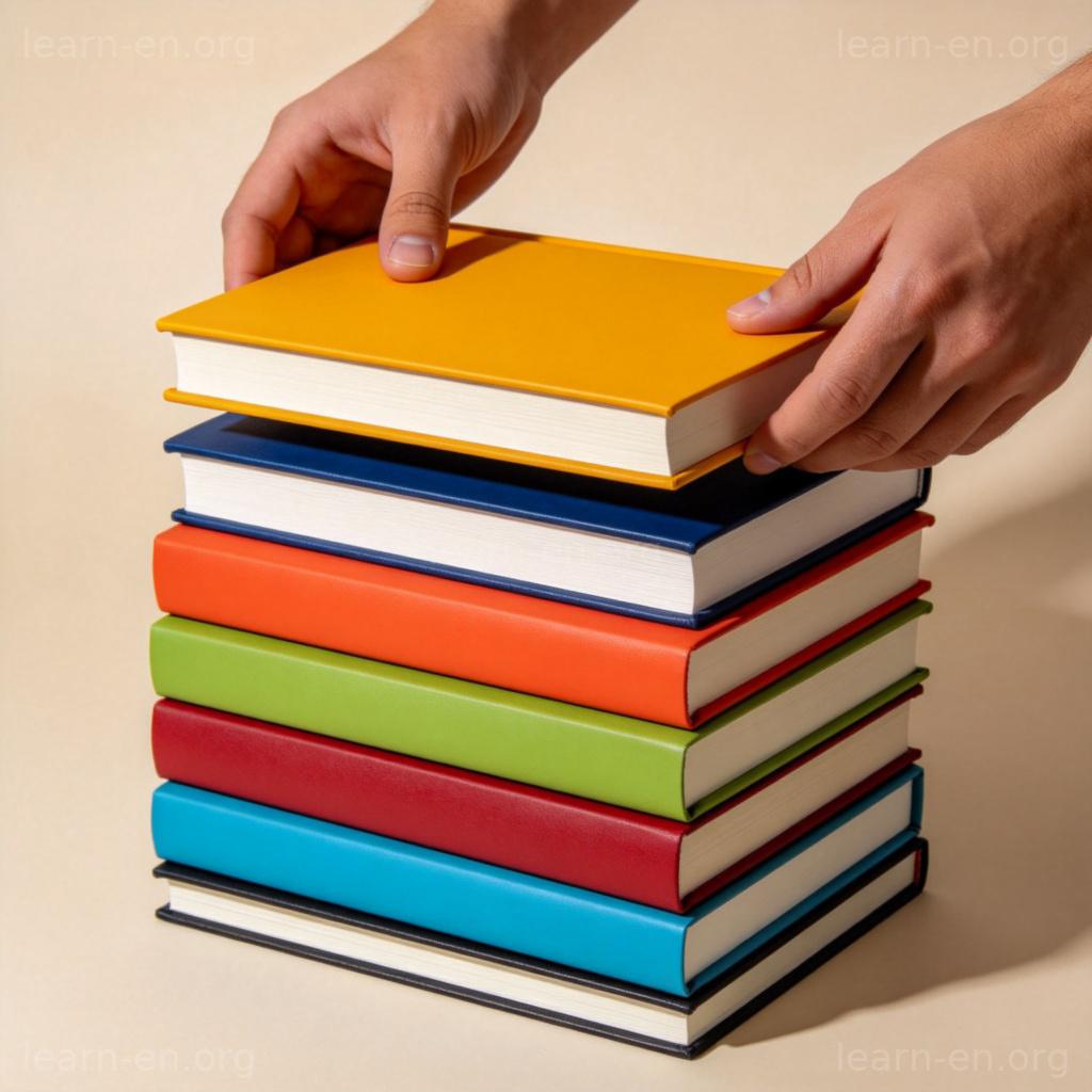 A person's hands in the act of piling up several colorful hardcover books. The hands are placing a new book on top of an existing stack. Focus on the action and the growing stack. Plain background. No text.