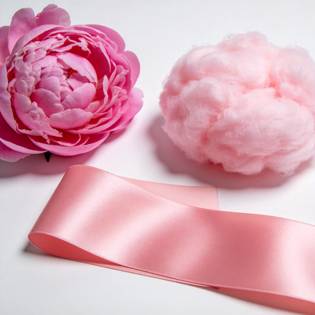 A close-up of three different pink objects on a plain white surface: a blooming pink peony flower, a piece of pink silk ribbon, and a fluffy pink cotton candy. The lighting is soft and even, making the pink color vivid and clear. The composition is simple and focused only on the objects.
