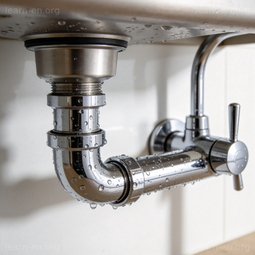 A close-up image of a shiny metal pipe in a kitchen, connecting under a sink to a faucet. The pipe is the main focus, with water droplets visible, against a plain, clean background. No text.
