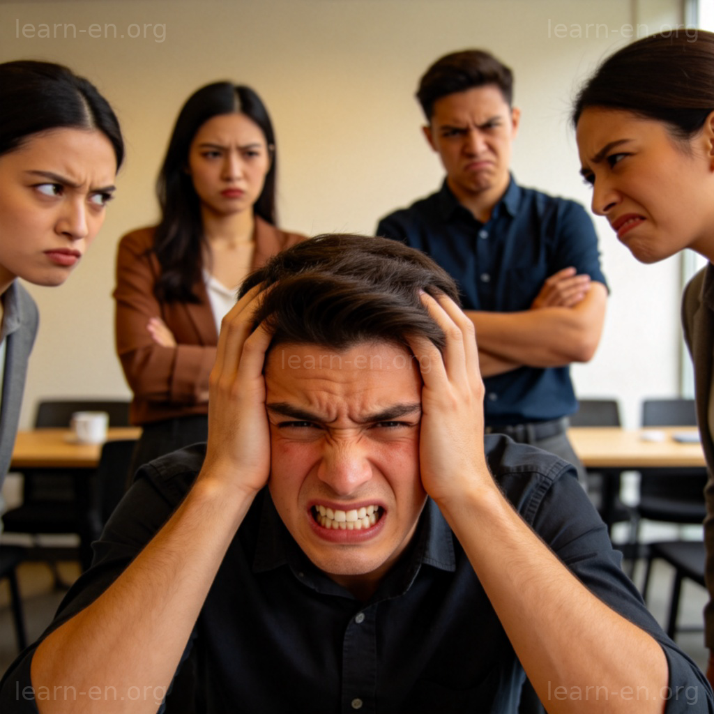 piss someone off 图解：一人抱头沮丧，周围人面露恼火表情