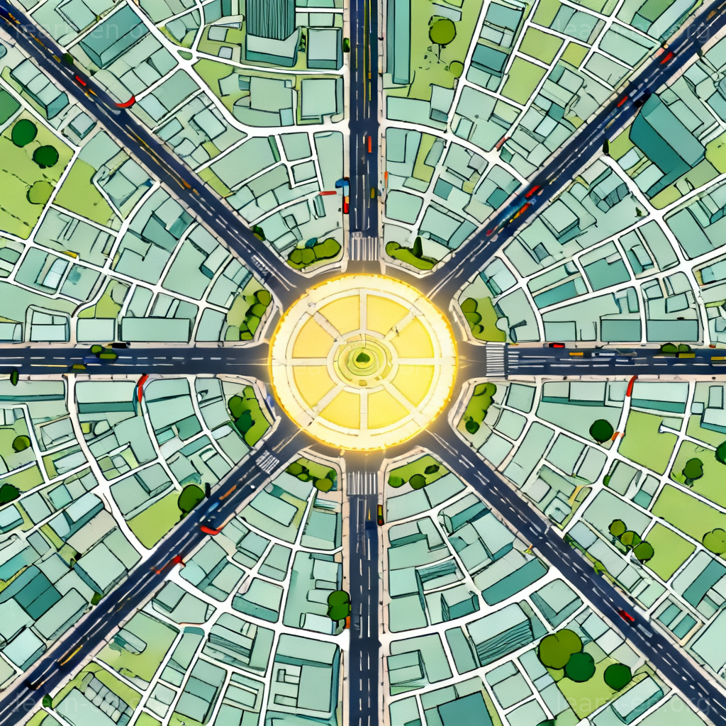 Pivotal central plaza on a city map with all roads converging