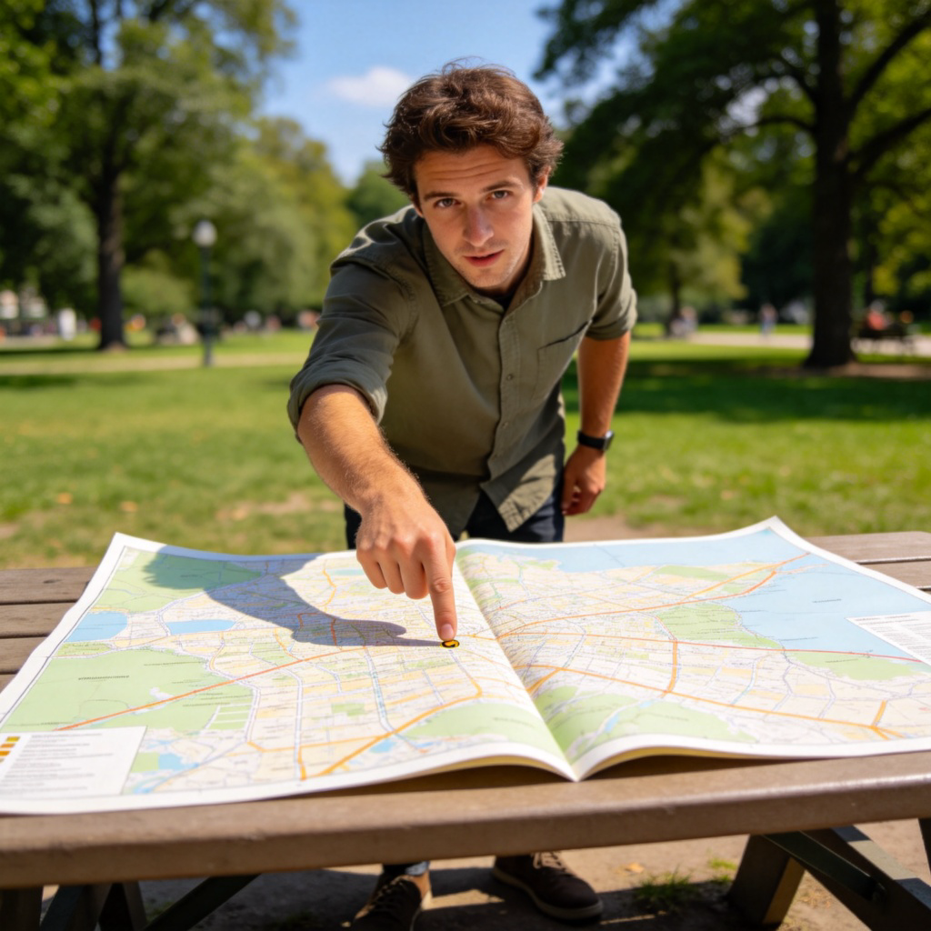 A person standing in a park, pointing with a finger at a specific spot on a large, unfolded paper map. The map is on a picnic table, and the person is looking at the camera as if explaining. Bright daylight, focus on the pointing finger and the map. No text.