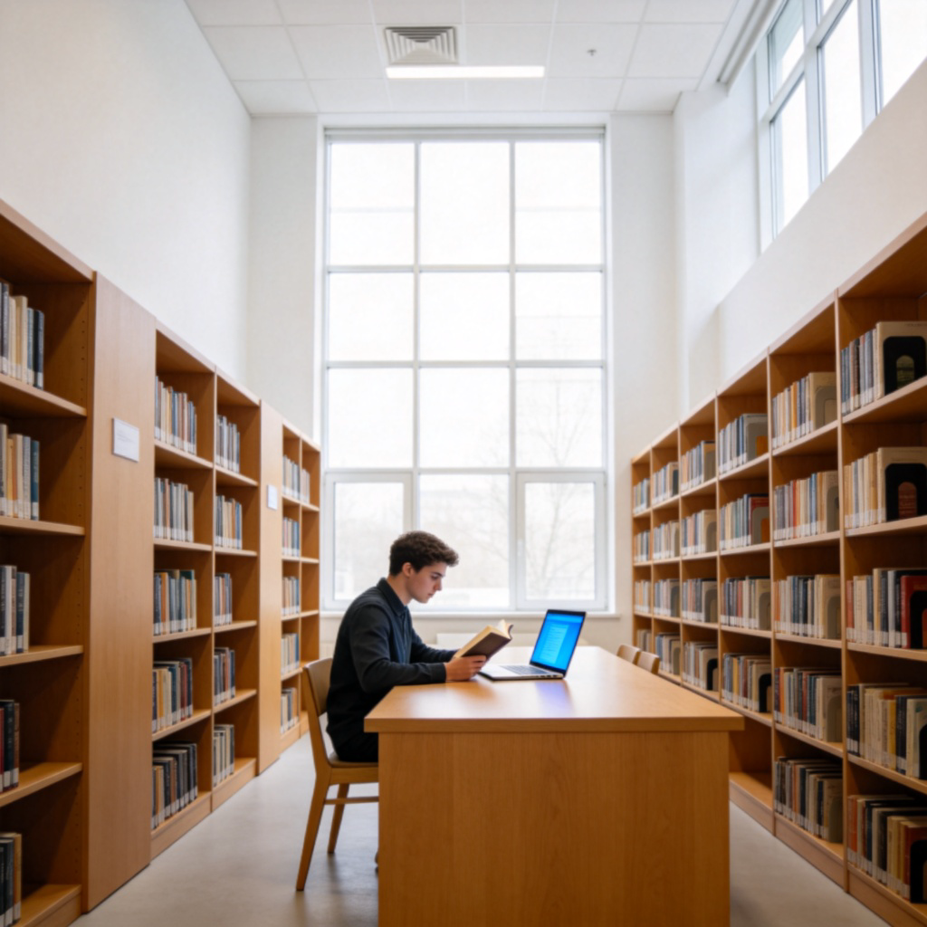 A bright, modern library interior. A student is sitting at a wooden study table, surrounded by tall bookshelves filled with books. They are reading a book with a laptop open beside them. Wide shot showing the spacious, quiet atmosphere. No text.