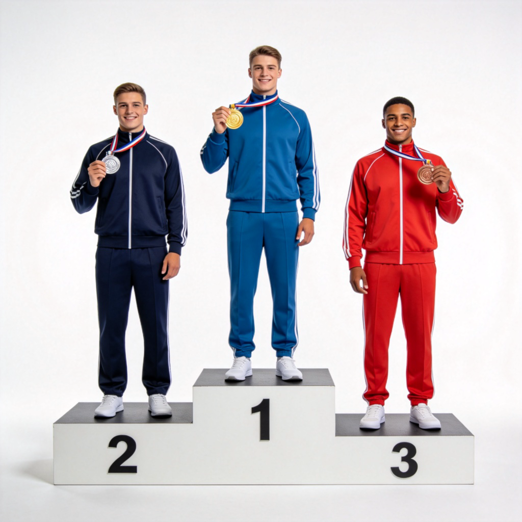 A sports podium with three levels. Three athletes are standing on it, wearing tracksuits. The person on the highest level (first place) is holding a gold medal, the second place holds silver, and the third place holds bronze. They are smiling. Clean background, focus on the podium and medals. No text.
