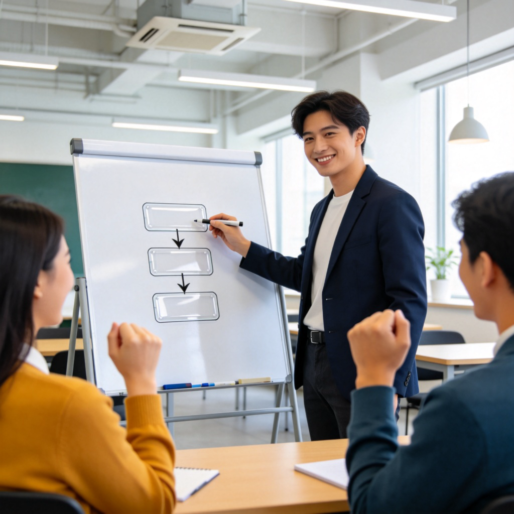 A person standing at a whiteboard, pointing with a marker at a single, simple diagram (like a flow chart with three clear boxes and arrows). The person is smiling, and two listeners are nodding in understanding. The setting is a bright, modern classroom. Clear lighting, focus on the diagram and the people's positive reactions.