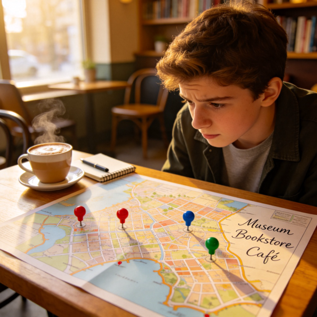 A young person sits at a cozy café table, looking thoughtfully at a large, colorful paper map spread out in front of them. The map has several locations marked with colorful pins and handwritten notes next to them. A notebook and a cup of coffee are beside the map. Daylight streams through a window. The focus is on the detailed map and the person's engaged expression.
