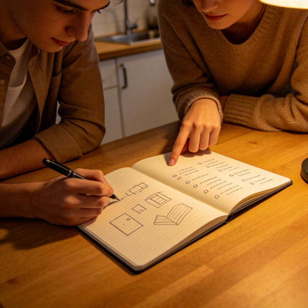 Two people are sitting together at a kitchen table, leaning over a notebook. One person is writing with a pen, the other is pointing at something on the page. On the notebook, simple drawings and bullet-point lists are visible, suggesting they are brainstorming ideas. The atmosphere is focused and collaborative. Warm indoor lighting.
