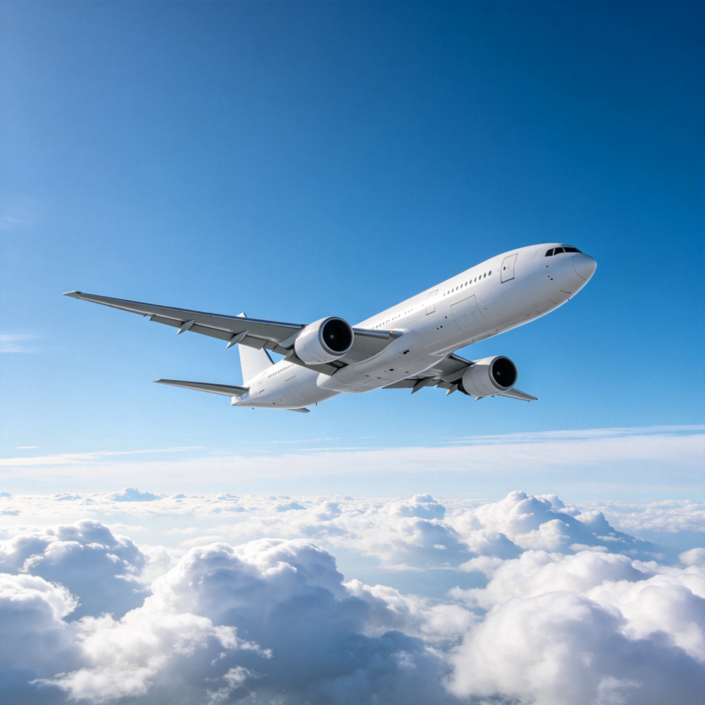 A large white passenger plane flying high in a clear blue sky, with fluffy white clouds below. The plane's wings and engines are clearly visible, and it is seen from a side angle against a vast sky. Bright daylight, realistic photo style.