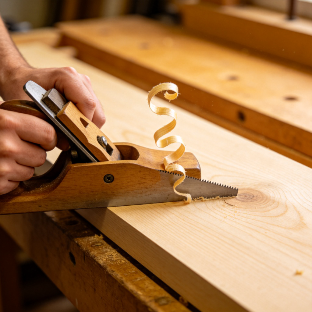A close-up shot of a person's hands using a traditional wooden hand plane on a piece of light-colored wood. Wood shavings are curling up from the tool. The focus is on the plane's blade touching the wood grain. Workshop setting with natural light, realistic detail.