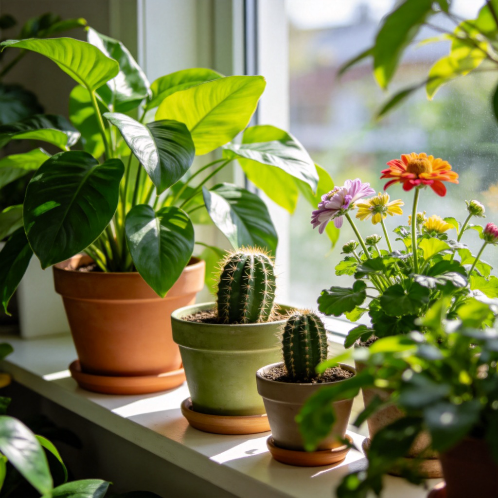 A variety of common green houseplants arranged neatly on a sunny windowsill, including a pot with large green leaves, a small cactus, and a flowering plant. Daylight streams in, highlighting the different leaf textures and vibrant green colors. Focus on the plants, with a simple, blurred indoor background. No text.
