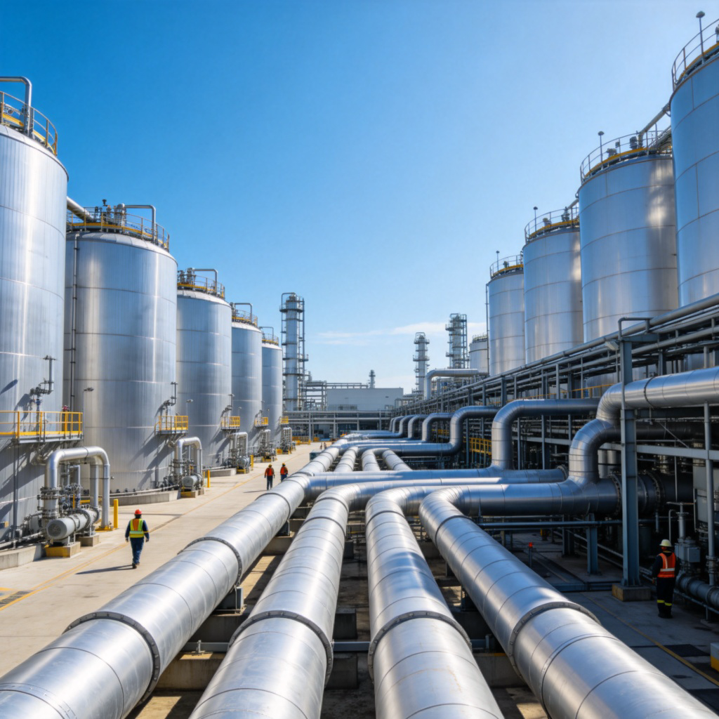 A wide-angle view of a modern, clean industrial plant with large silver pipes and storage tanks under a blue sky. The factory looks organized and active, with a few workers in safety gear visible in the distance. Emphasis on the scale and structure of the industrial facility. No text.