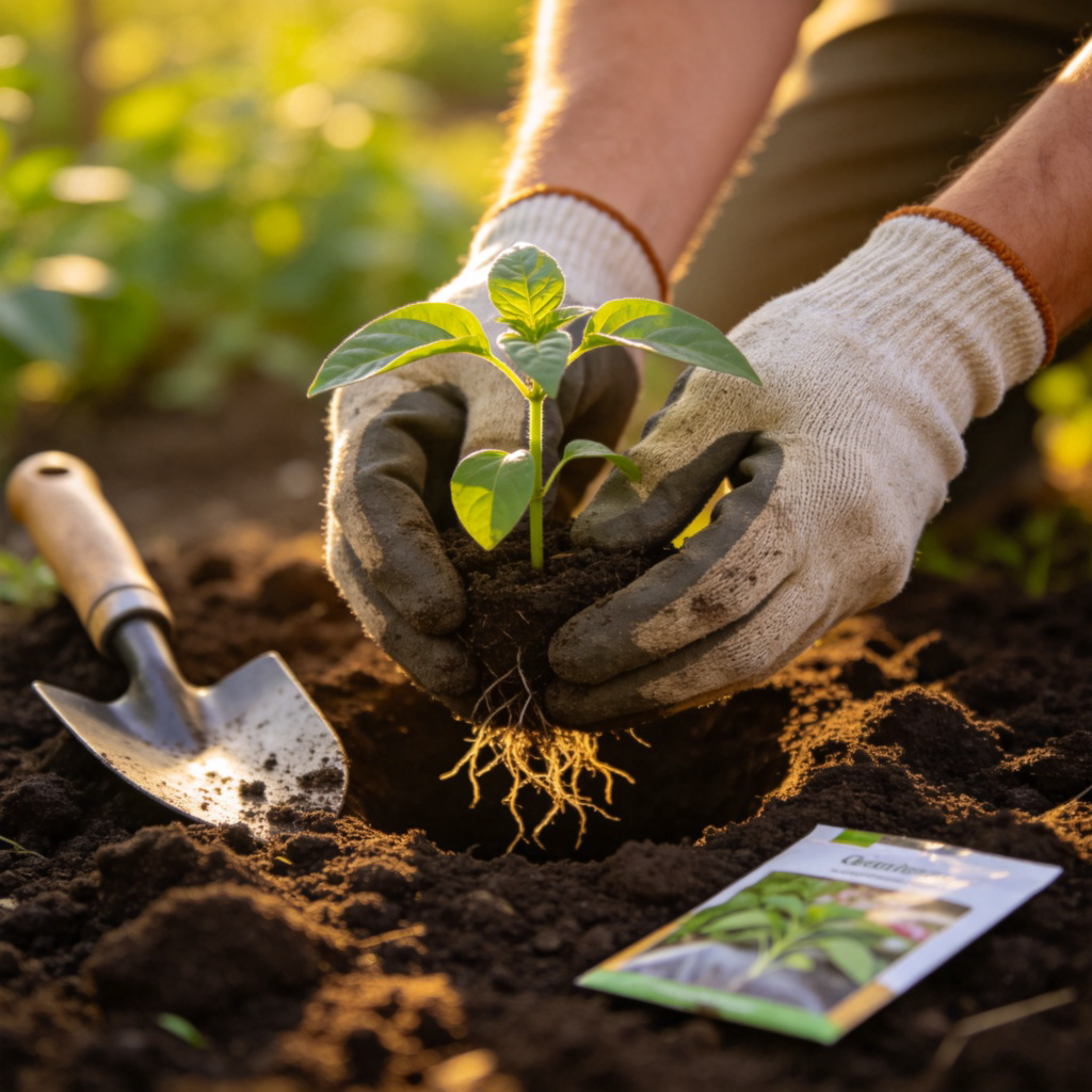 A close-up shot of a person's hands wearing gardening gloves, gently placing a small green seedling with roots into a hole in dark, rich soil. Sunlight spotlights the action, with a gardening trowel and a packet of seeds nearby. Focus on the act of planting, with a soft, natural background. No text.