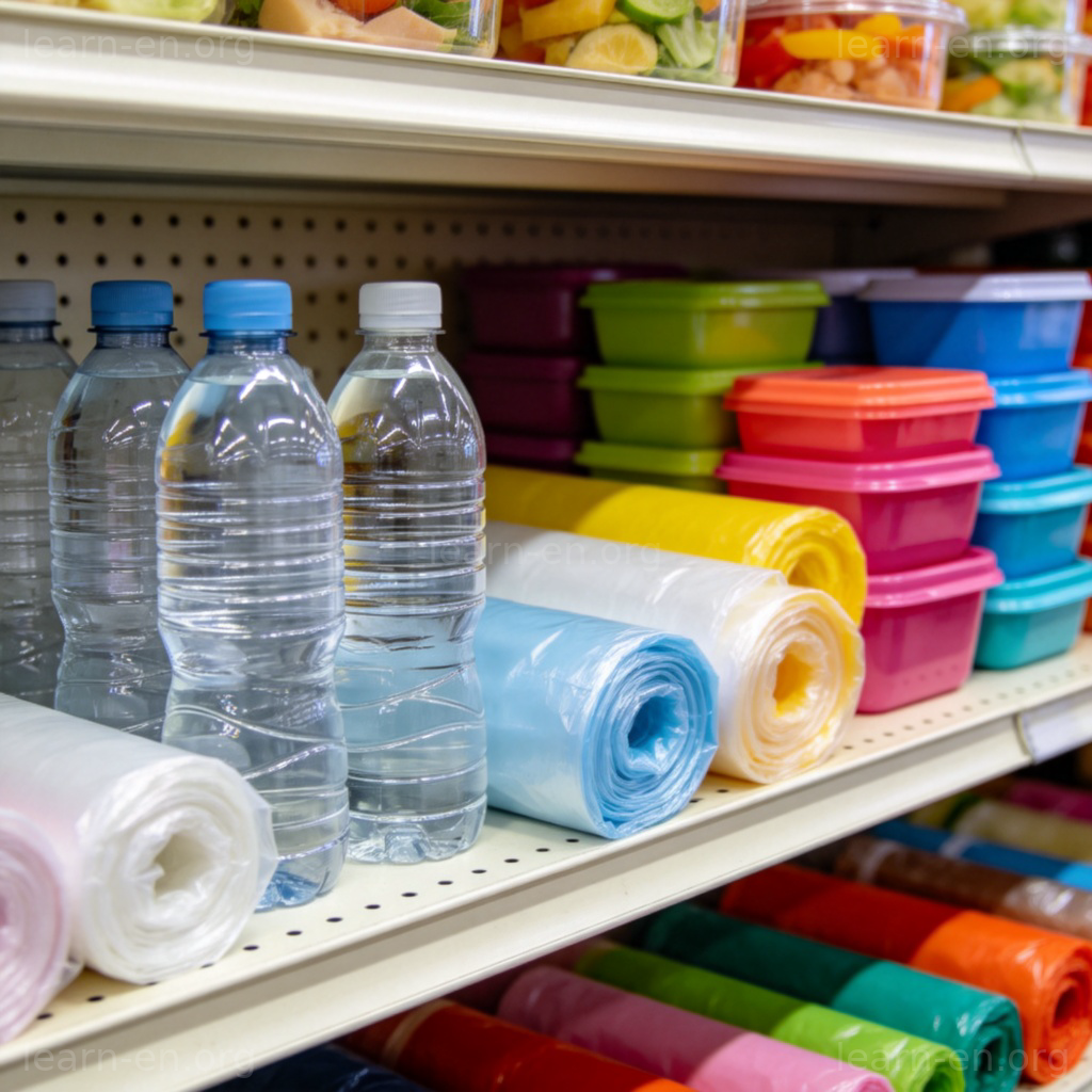 plastic塑料含义图解：超市货架上的水瓶与容器