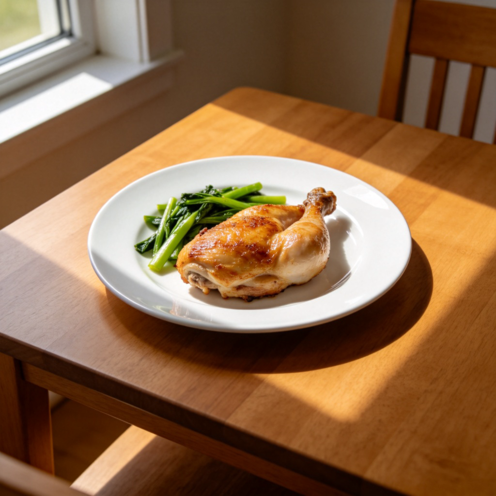 A close-up top-down view of a wooden dining table. In the center, a white round ceramic plate holds a simple meal of roasted chicken and green vegetables. Natural lighting from a window, clear focus on the plate and food. No text, no people in the frame.