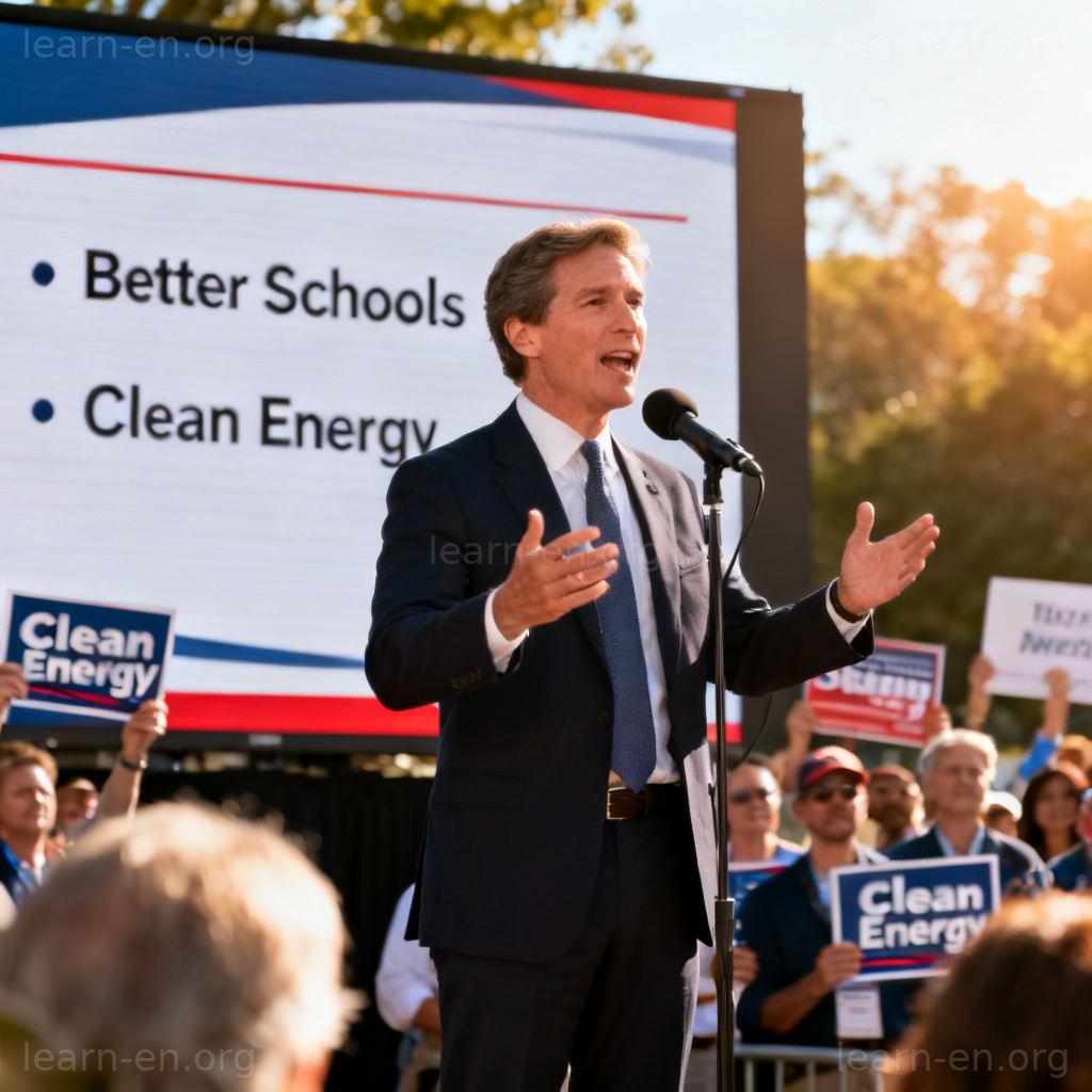 Political platform example with a candidate rally and key policy points displayed on a board.