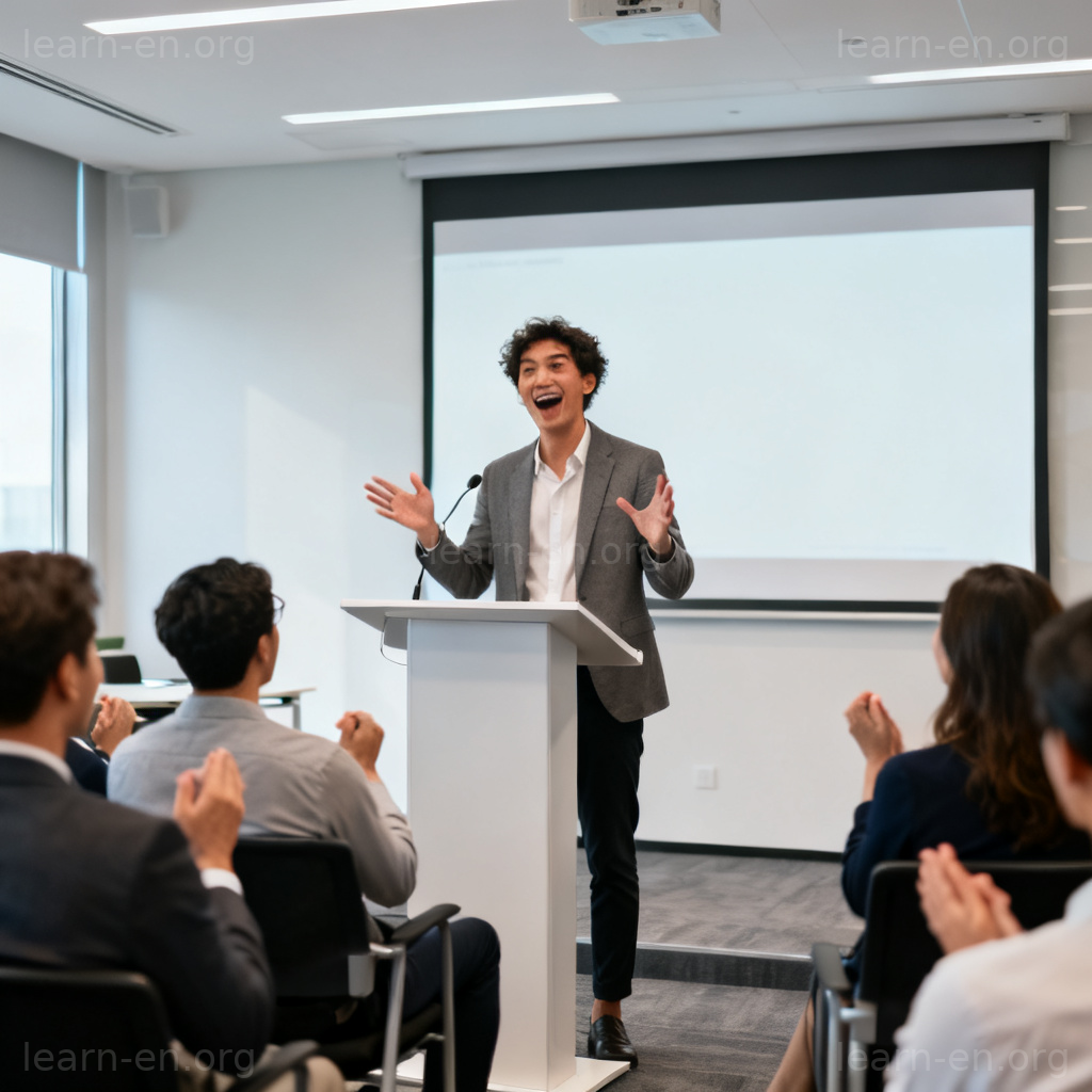 Plausible speaker delivering a convincing presentation to an engaged audience in a conference room.
