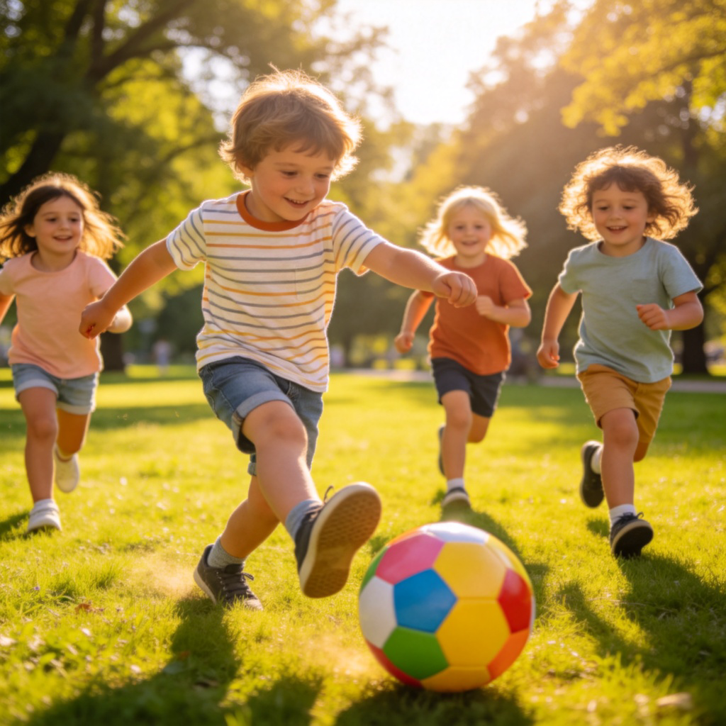 A group of young children happily playing with a colorful ball in a sunny green park. One child is kicking the ball, others are running and smiling. Bright daylight, clear focus on the action and joyful expressions. No text.