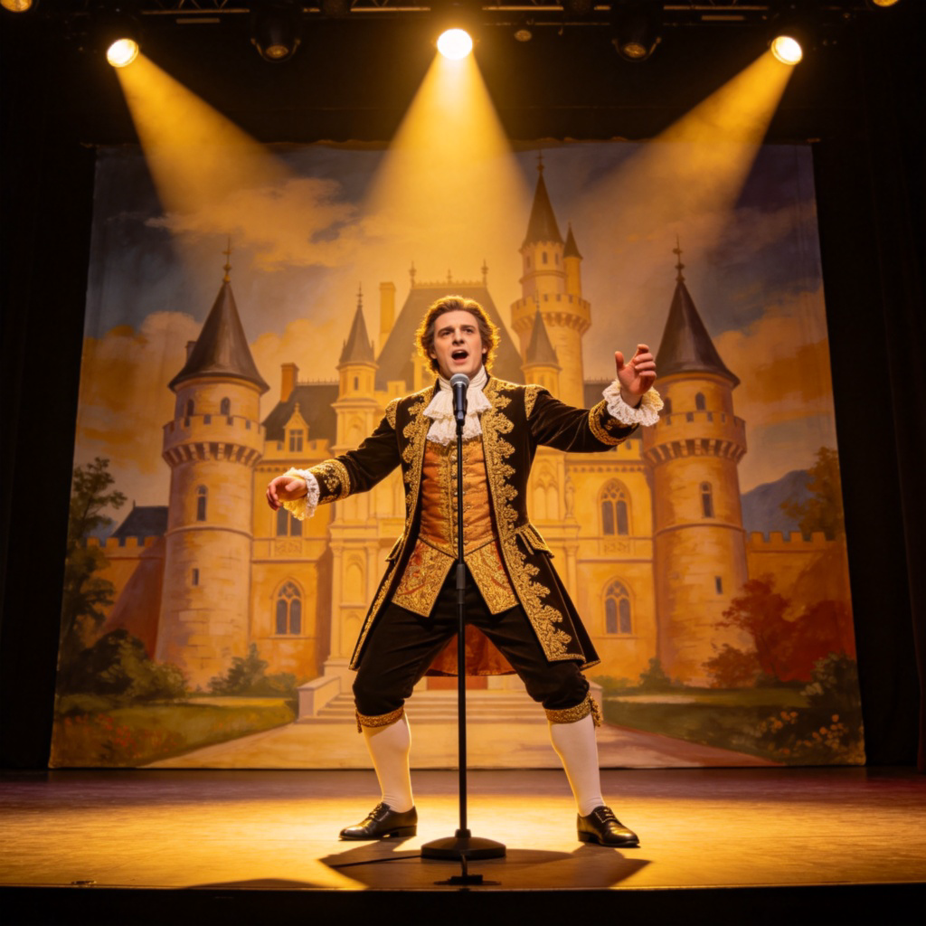 An actor dressed in historical costume, standing on a stage under bright spotlights. He is in a dramatic pose, speaking into a microphone, with a painted backdrop of a castle behind him. Theatrical atmosphere. No text.
