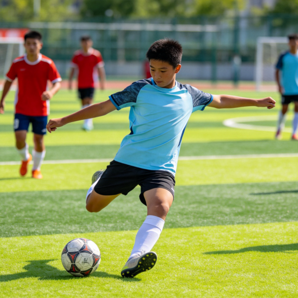 A young person in sports attire, mid-action, kicking a soccer ball on a green field. Focus on their dynamic motion, with other players visible in the background. Bright daylight, clear action shot. No text.